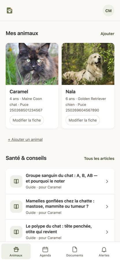 Écran « Mes animaux » du carnet VetoDossier sur téléphone : deux fiches, un chat Maine Coon et un chien Golden Retriever de six ans, chacune avec son âge, son espèce et son numéro de puce, puis la rubrique Santé et conseils.